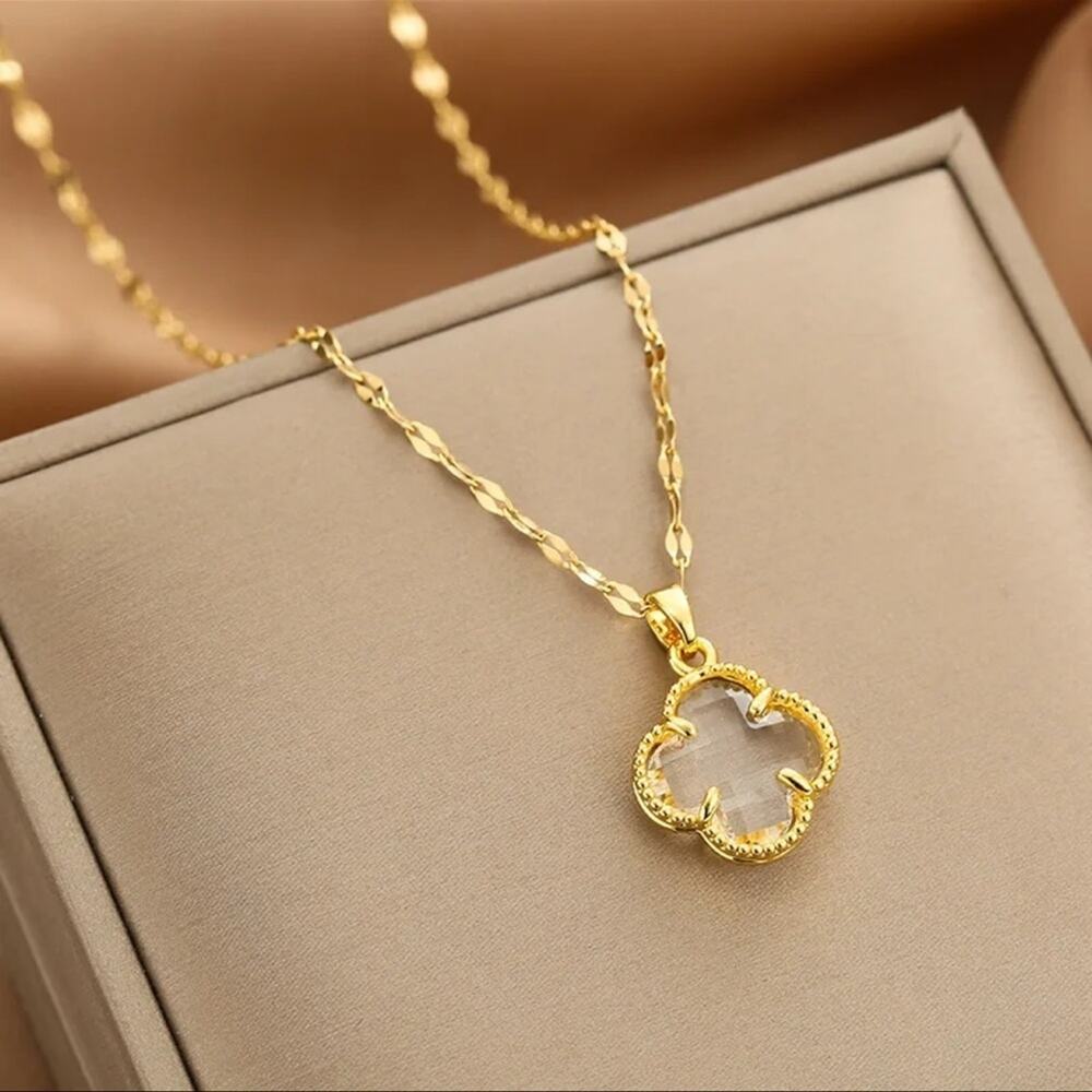 Gold Plated Four Leaf Clover Crystal Pendant Necklace